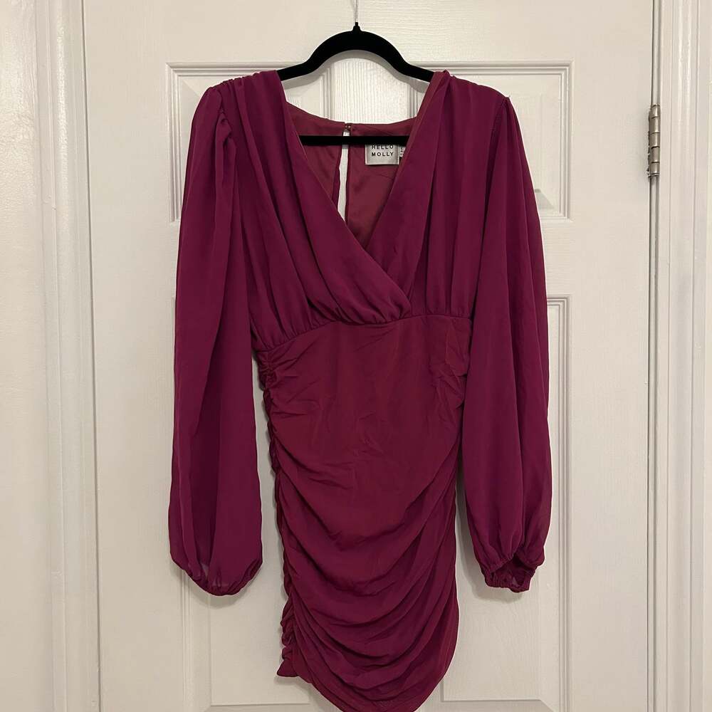 Hello Molly Romantic Sights Long Sleeve Ruched Mini Dress in Purple